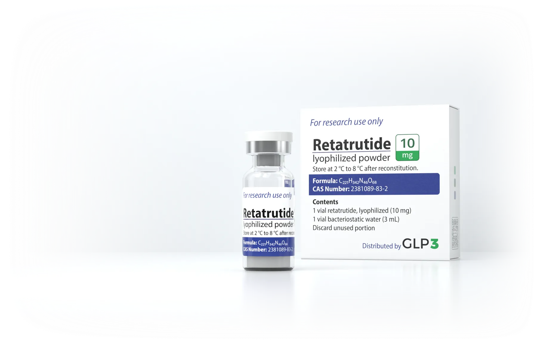 GLP3 retatrutide 10 mg kit: carton with a lyophilized retatrutide vial and bacteriostatic water